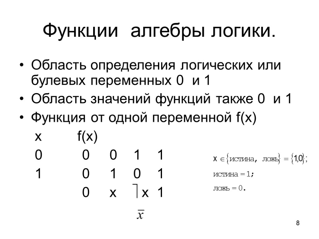8 Функции алгебры логики. Область определения логических или булевых переменных 0 и 1 Область